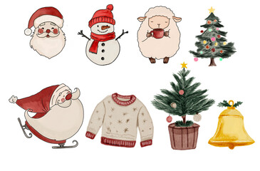 Cute Christmas Clipart Set – Santa, Snowman, Sheep, Sweater, Tree, and Bell