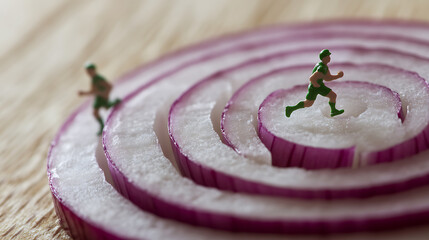Tiny runners navigating an onion slice track, a playful race against the clock in a miniature world. The details of the vegetable and figurines showcase a unique vision.
