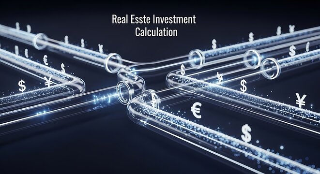 Global currency symbols flowing through a complex network of digital pipes, representing international real estate investment and financial calculations.