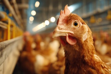 Close up view of a chicken in a modern poultry farm showcasing healthy livestock in a well-maintained environment with proper lighting and feeding facilities