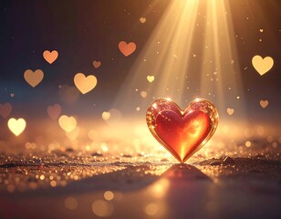 A radiant, glowing red heart centerpiece is bathed in sunlight, surrounded by shimmering golden bokeh and floating hearts