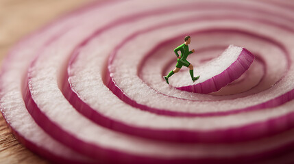 A miniature runner sprints along the concentric rings of a sliced red onion, showcasing an athletic endeavor in a whimsical, food-themed setting. Detail and lighting highlight the unusual.