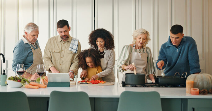 Cooking, support and big family in kitchen for lunch, supper and prepare food for bonding in home. Culinary skills, social gathering and people for meal prep, conversation and thanksgiving feast