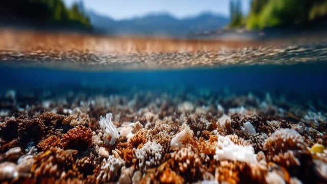 Underwater Paradise: A captivating split-level perspective showcases the serene beauty of the underwater world, with the crystal-clear water revealing a vibrant and diverse ecosystem.