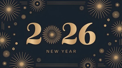 Elegant 2026 new year design with golden numbers and fireworks on a dark blue background, perfect for festive invitations and greeting cards