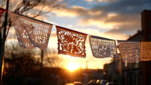 'Papel picado' (decorative paper banners) strung across a street, backlit by a setting sun. Detailed cutouts, festive atmosphere, folk art. blurred background, with copy space