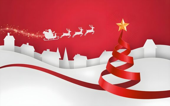 A festive christmas scene featuring santa claus in his sleigh flying over a snowy village with a red ribbon christmas tree on a red background