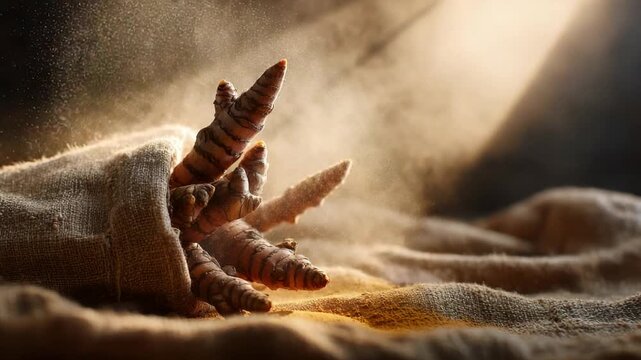 Fresh turmeric rhizomes nestled in a burlap sack, illuminated by a warm light, with a gentle mist of powdered spice