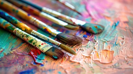 Obraz premium Colorful Paint Brushes on Blended Acrylic Paint Surface in Artistic Studio