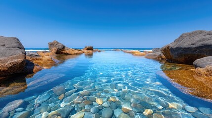 Expansive Natural Tidal Pool Reflecting Clear Blue Sky Surrounded by Dark Volcanic Rocks on a Sunny Day