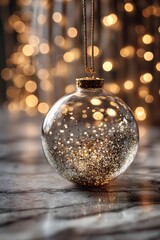 Single transparent glass Christmas ornament filled with sparkling silver and gold glitter rests on a cool marble surface with magical warm bokeh fairy lights.