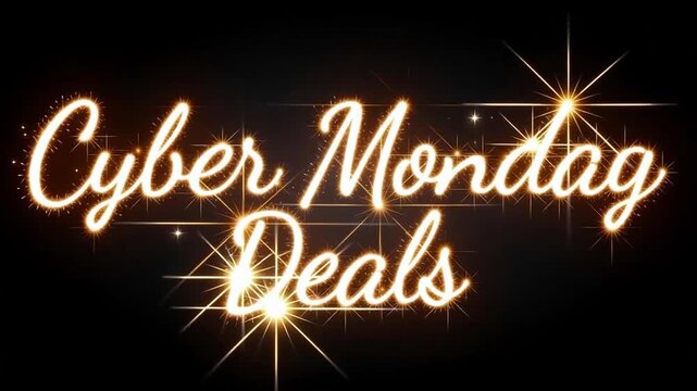 Cyber Monday Deals are here! Sparkly golden light writing on black promises exciting sales and offers, perfect for advertising and promotion