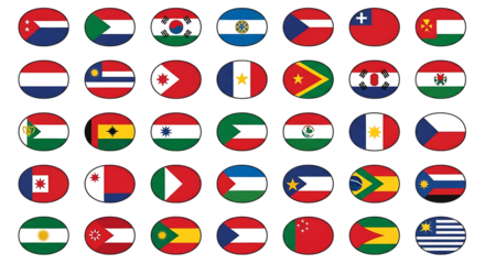 Collection of circular national flags displayed in a grid pattern isolated on white background