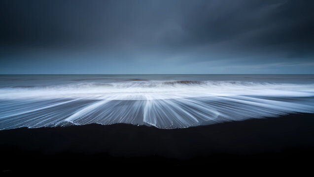 ong exposure of ocean waves on a black sand beach