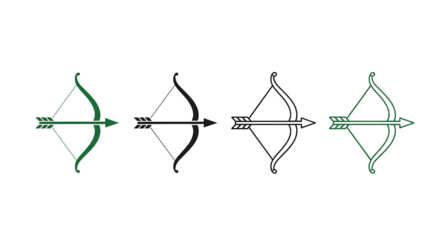 Four stylized glowing bows and arrows with reflections on a dark surface isolated on white background