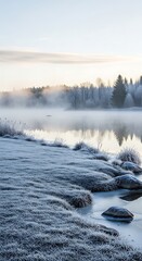 Misty lake landscape with frozen shoreline and silhouetted trees at dawn