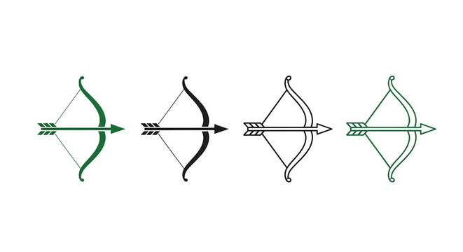 Four stylized glowing bows and arrows with reflections on a dark surface isolated on white background