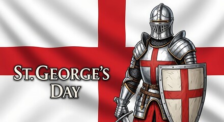 Fototapeta premium Knight in armor with shield in front of english flag for st georges day