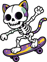 Cartoon cat riding purple yellow skateboard cat skeleton