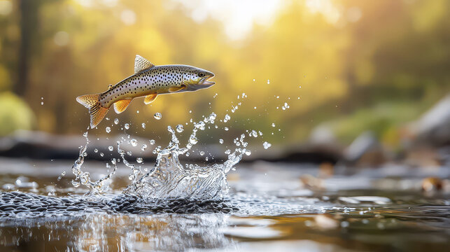 Dynamic trout fish jumps out of water, creating splashes in serene river setting with warm, golden background - Powered by Adobe
