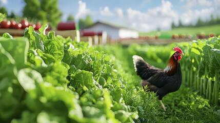 Vibrant farm garden featuring fresh greens and free range chicken roaming among crops, creating lively atmosphere