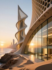 Obraz premium Futuristic coastal architecture at sunset with organic honeycomb design and glass facade overlooking ocean