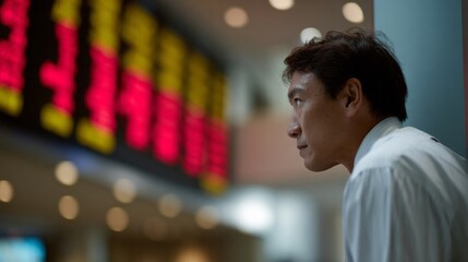 Asian male contemplates fluctuating stock market chaos, embodying Lunar New Year fortune and Wall Street's unpredictable pulse
