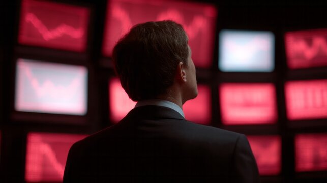 A contemplative business scene with an enigmatic Caucasian male amidst glowing screens, invoking Stock Market Day and International Programmers Day