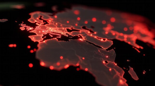 Glowing crimson cartography pulses with digital energy, evoking soulful luminescence; think Cybersecurity Awareness Month and World GIS Day