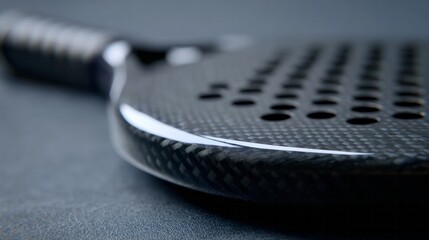 Carbon fiber padel racket glistens like obsidian, evoking high-tech athleticism, Weekend Warrior Wednesdays, and Twilight Tennis Tournaments