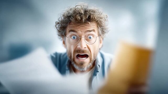 Startled Shock: A man's face, etched with a look of stunned surprise, reveals the gripping moment of shock, as he gazes at financial papers, capturing a story of the unexpected and its impact.