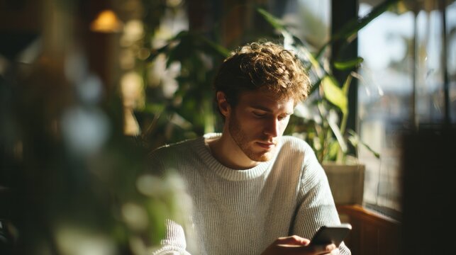 A pensive young Caucasian male, bathed in dappled sunlight, explores digital landscapes amidst solstice musings and unplugging day reveries