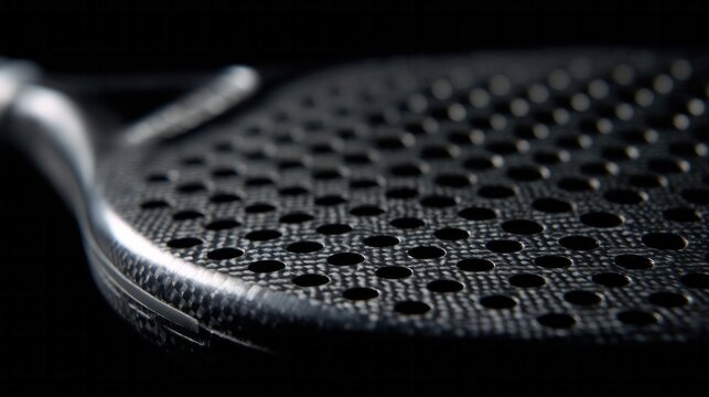 Intricate carbon fiber tennis racket, echoing whispers of lunar celebrations and stealthy sports revolutions, under ethereal shadows - Powered by Adobe
