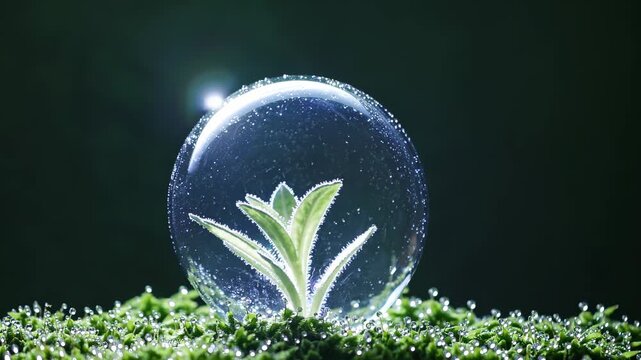 Young plant protected in bubble. Small seedling and sprout sit on moss with dew. Single leaf reaches toward light. Nature growth and protection symbol shown by bubble. Image evokes growth and gentle