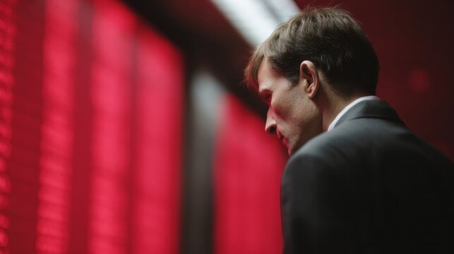 A pensive Caucasian businessman gazes at stock ticker's red glow, contemplating market labyrinth on World Investor Week