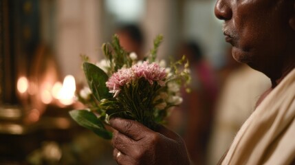An elderly South Asian man tenderly clasps vibrant wildflowers, embodying serene meditation, Onam festivity, and nature's quiet dialogue
