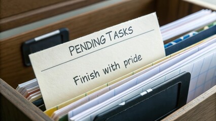 Organized workspace with pending tasks folder highlighting finish with pride for productivity and motivation in office settings