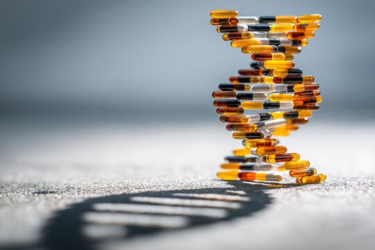 sculpture of a double helix made entirely of pharmaceutical pills
