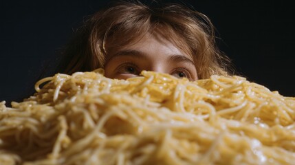 Indulgent cascade of spaghetti blankets wide-eyed gaze of playful Caucasian girl, nod to World Pasta Day whimsy