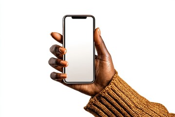An African American woman's hand holding a frameless smartphone with a white screen. Isolated panorama.