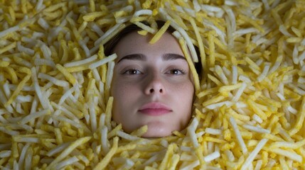 A woman with serene expression, enveloped in golden fries, embodies quirky Fry-Day dreams and Surrealist Potato Festival revelry