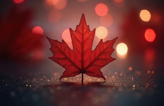 Red maple leaf with bokeh lights backdrop. Symbol of Canada. Great Canada day celebration or national holiday background. Red color represents strength courage and vitality for Canadians.