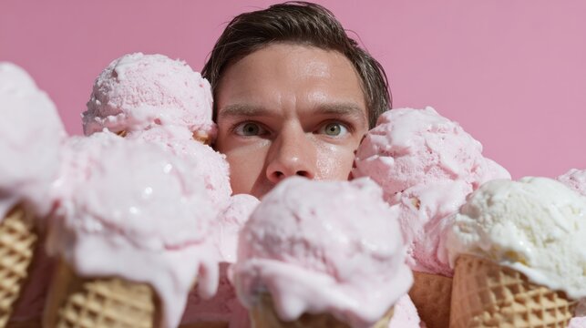 Man surrounded by pink ice cream cones, whimsical sweetness overload, reminiscent of Sundae Festival and World Ice Cream Day