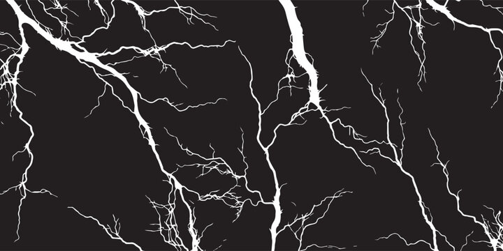 Monochrome illustration of powerful white lightning bolts branching across a solid black background.