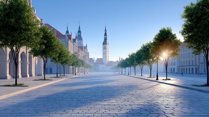 Obraz premium Historic European Cathedral Square Bathed in Golden Sunlight with Lined Trees and Cobblestone Pavement on a Clear Day