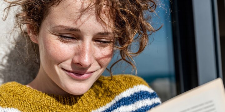 Joyful Caucasian woman reading in sun-dappled serenity, sweater-clad for World Book Day, exudes tranquil bibliophile bliss - Powered by Adobe