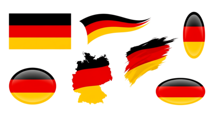 Collection of german flag emblems including a map and various shaped flags isolated on white background