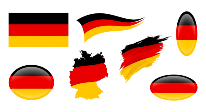 Collection of german flag emblems including a map and various shaped flags isolated on white background