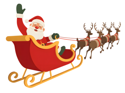 Santa claus riding in his sleigh pulled by reindeer, isolated on transparent background - Powered by Adobe
