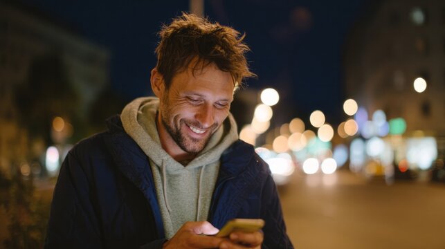 Smiling Caucasian man, city lights twinkling like Diwali lanterns, digital connection, urban wanderlust under cosmic street aurora